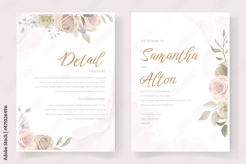 Beautiful soft floral and leaves wedding invitation card