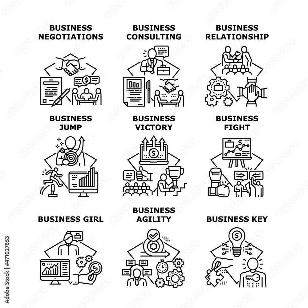 Business Relation Set Icons Vector Illustrations. Business Relationship And Negotiations, Girl Jump And Consulting, Fight And Victory, Agility And Key. Businesspeople Occupation Black Illustration
