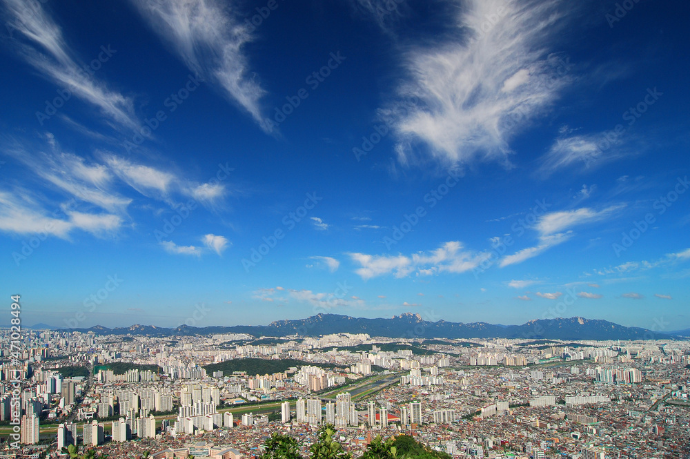 Jungnangcheon Stream and Seoul cityscape from the aerial view - Korea