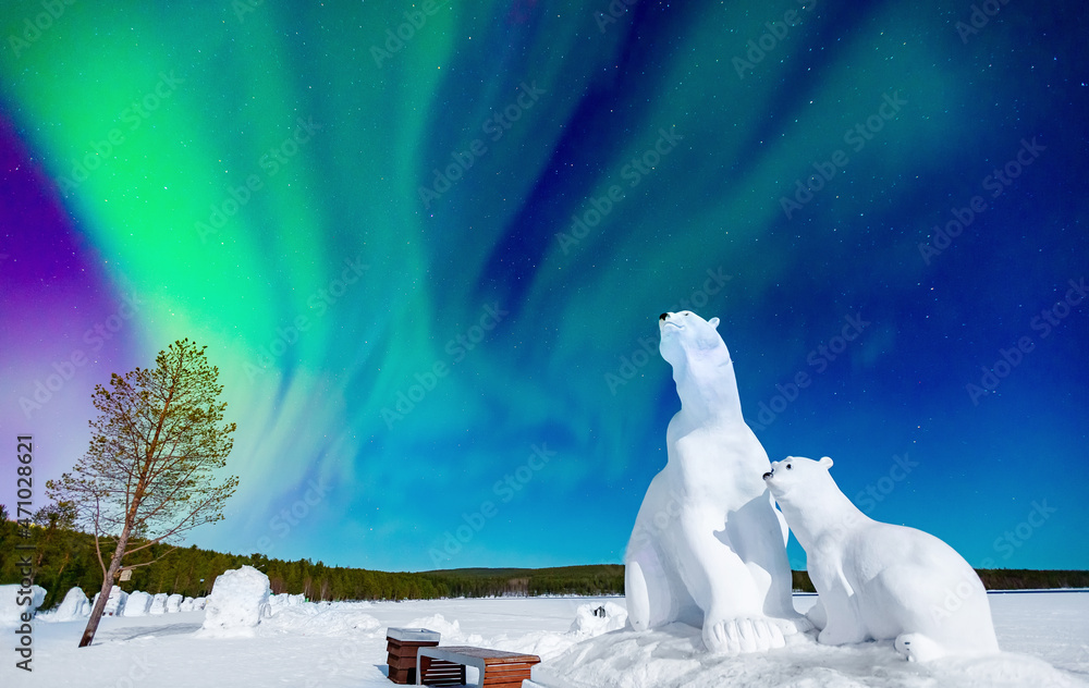 Arctic polar bears against background of aurora borealis and night starry sky. Concept Northern Lights travel banner - obrazy, fototapety, plakaty 