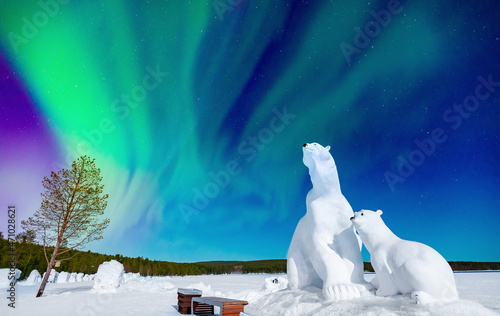 Arctic polar bears against background of aurora borealis and night starry sky. Concept Northern Lights travel banner photo
