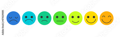 Set of smiley faces. Mood tracking icons, blue to orange. Flat vector isolated on white.