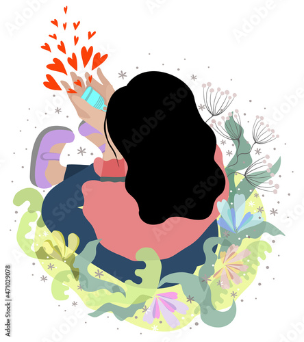 Vector isolated illustration of a woman, sitting among the flowers on the ground and holding menstrual cup in her hands. Woman hygiene concept. Zero waste.