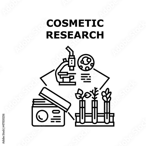 Cosmetic Research Lab Vector Icon Concept. Cosmetic Research Lab, Scientist Laboratory Worker Researching And Developing Cosmetology Product. Natural Cream And Lotion Black Illustration