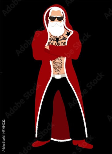 Vector vertical card poster on a black background. Bad cool old santa claus with tattoos and a beard in a fur coat with a hood in full growth. Sunglasses, confident posture. Illustration