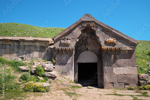 Orbelian or Selim caravanserai entrance to an ancient building with engraved animal patterns located on a mountain pass in Armenia photo