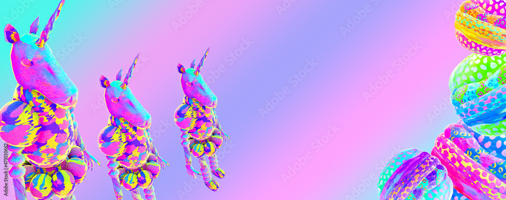 Minimalistic stylized collage banner art. 3d funny fashion characters Unicorn and colorfull creative space. Party concept