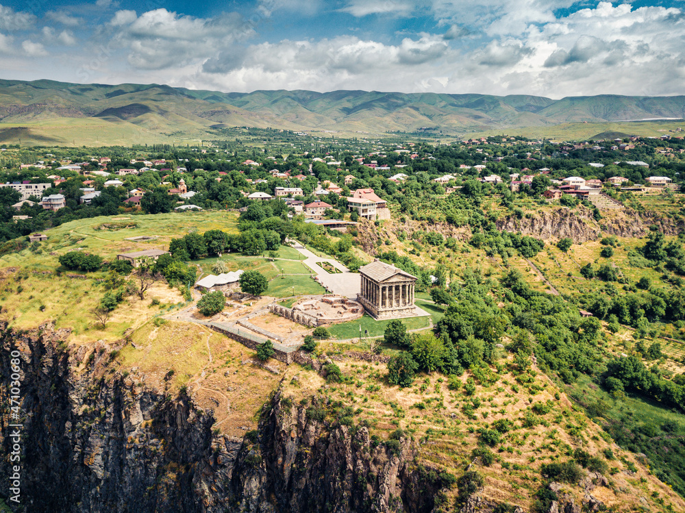 Aerial view of the famous Garni temple in Armenia. The historic Greek style building is located on the edge of a picturesque gorge. Travel and Tourism locations