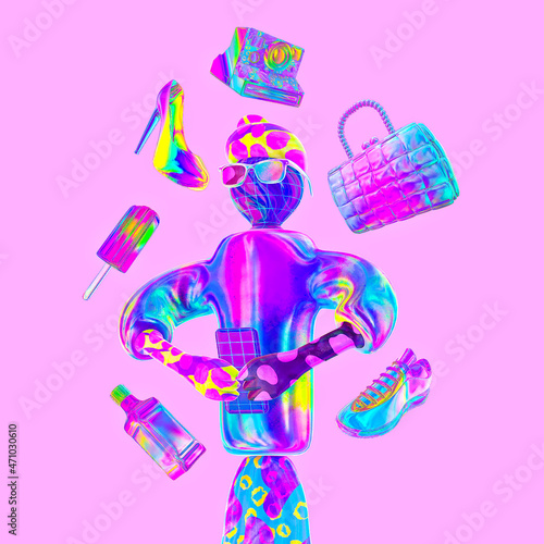 Minimalistic stylized collage art. 3d funny fashion characters and mobile app. Online shopping concept