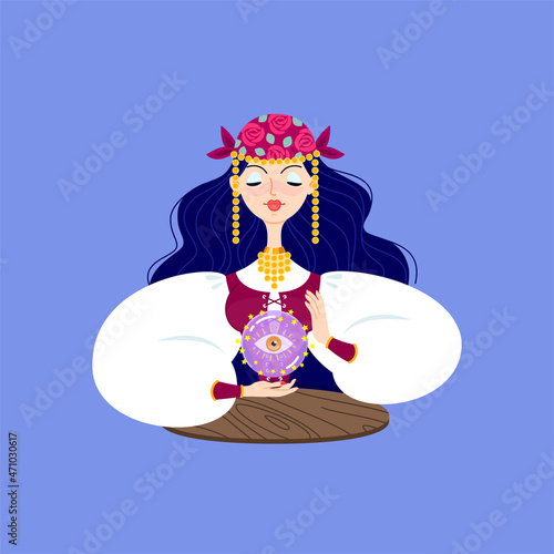 Fortune teller female character. Gypsy oracle. Cartoon illustration of a beautiful girl telling the future by seeing a magic ball. Vector 10 EPS.