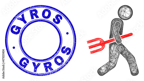 Carcass irregular mesh fork robber icon with Gyros grunge round stamp seal. Abstract lines are combined into fork robber object. Blue seal contains Gyros title inside round form.