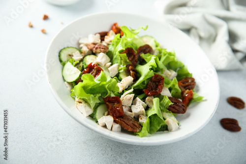 Green salad with chicken, pecan and sun dried tomatoes
