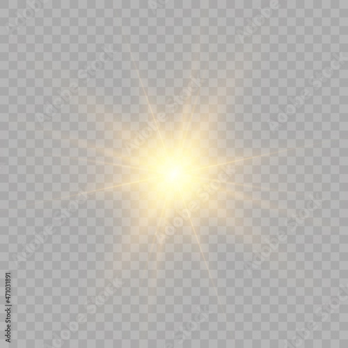 Yellow glowing explosion explosion with transparent. Vector illustration for decoration. A bright star, a flash of the sun. Glare texture. Vector 