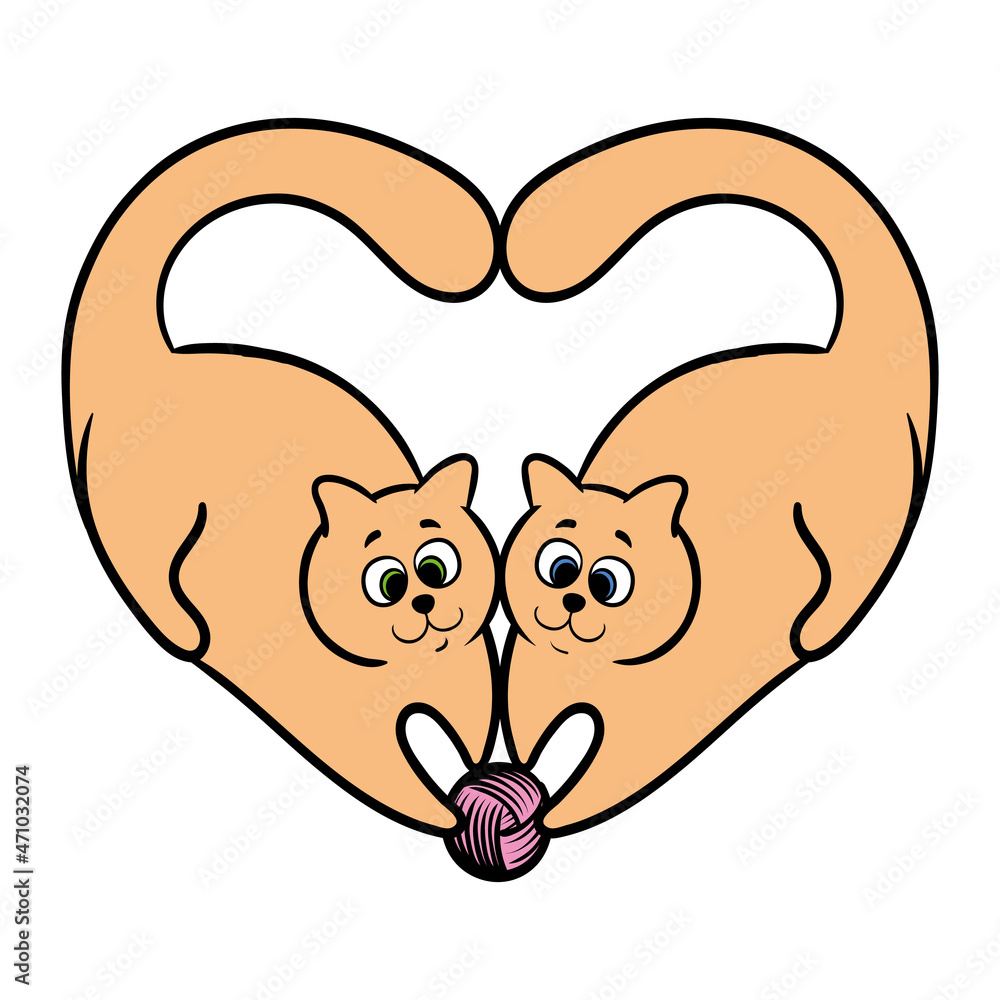 vector doodle of two cats in the shape of a heart, isolated vector doodle of two cats in the shape of a heart, isolated