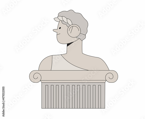 Antique marble statue of man, god or emperor on column on white background. Mythical, ancient greek or ancient roman style. Hand drawn Vector illustration. Classic statue in modern style.