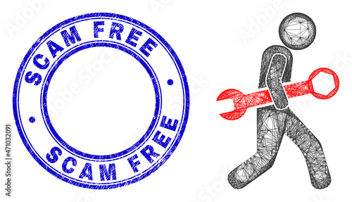 Hatched irregular mesh guy steal wrench icon with Scam Free dirty round seal imitation. Abstract lines form guy steal wrench illustration. Blue stamp seal contains Scam Free caption inside round form.