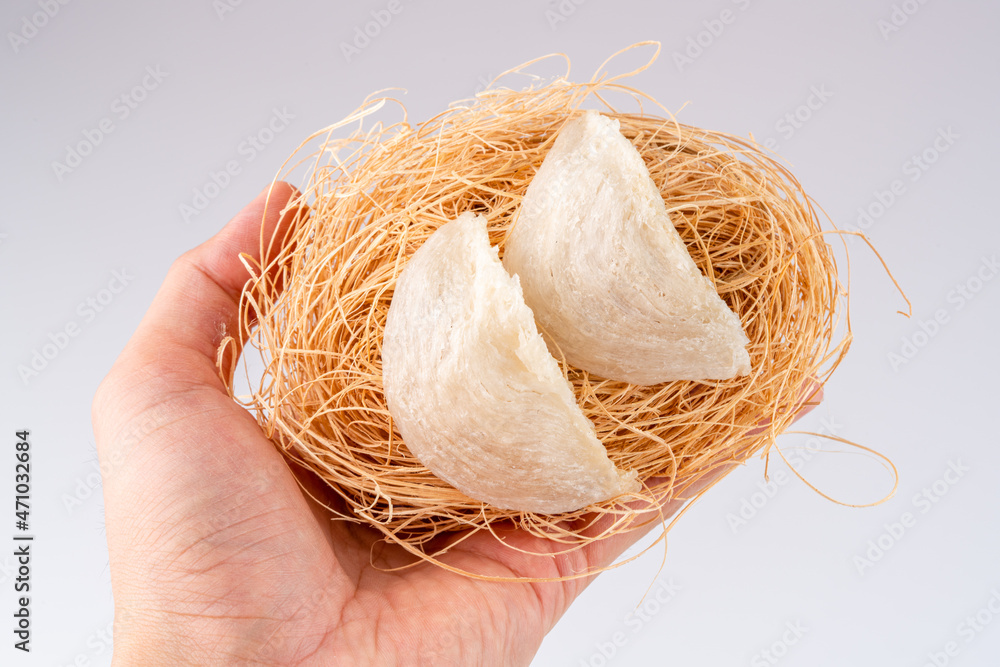 Top Grade edible bird nest shoot on white background with negative