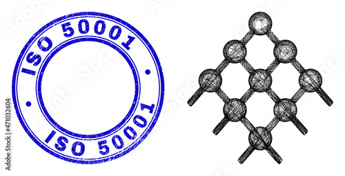 Net irregular mesh grid dots icon, and ISO 50001 scratched round watermark. Abstract lines form grid dots object. Blue stamp has ISO 50001 text inside round form.