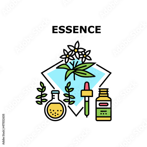 Essence Cosmetic Vector Icon Concept. Aromatic Essence Cosmetic Prepared From Aroma Flower And Plant Leaf Ingredient. Organic Perfume Essential Liquid And Aromatherapy Color Illustration