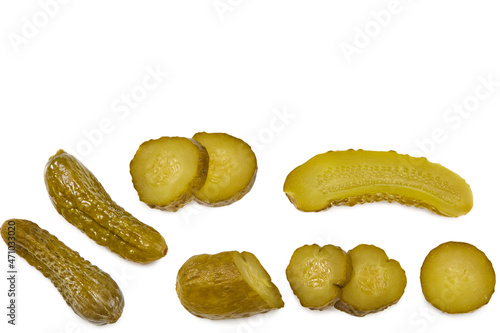 marinated pickled cucumbers with slices isolated on white background. Clipping path and full depth of field. Top view