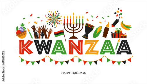 Vector illustration of Kwanzaa. Holiday african symbols with lettering on white background.