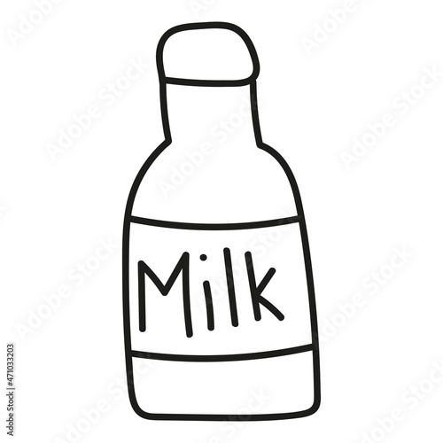 vector doodle milk bottle with inscription, cartoon isolated