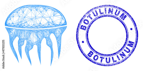 Net irregular mesh jelly fish icon with Botulinum unclean round seal print. Abstract lines form jelly fish picture. Blue stamp seal includes Botulinum text inside round shape.