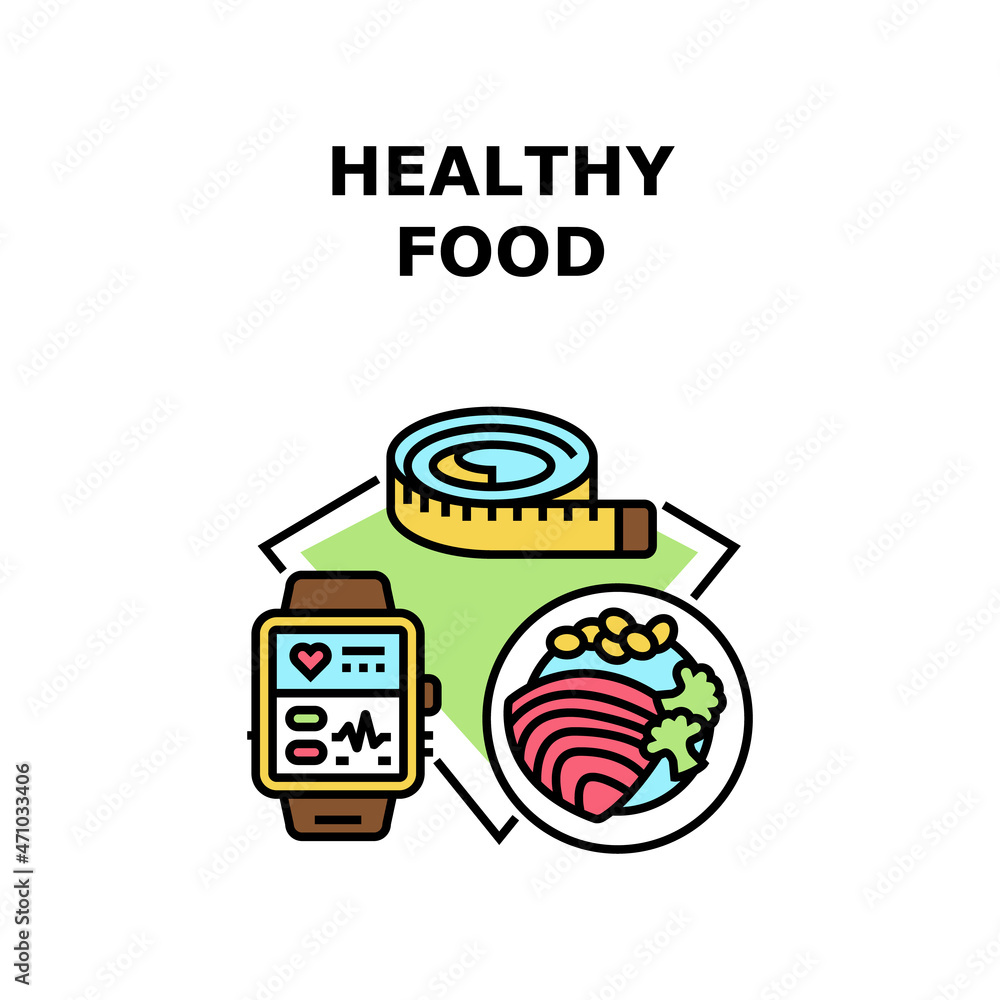 Healthy Food Vector Icon Concept. Natural Dietary And Healthy Food, Health Monitoring Fitness Bracelet And Measuring Waist Tape. Healthcare Organic Dish With Vegetables Color Illustration