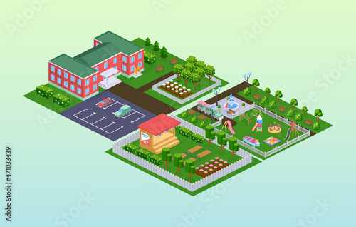 Exterior kindergarten school isometric. Facade outdoor building studying or entertainment children