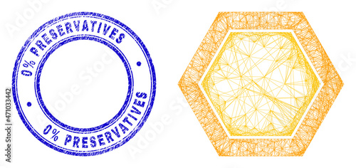 Carcass irregular mesh honeycomb cell icon, and 0% Preservatives grunge round stamp seal. Abstract lines are combined into honeycomb cell illustration.