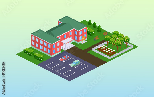 School or kindergarten facade with park isometric. Outdoor childish educational building exterior