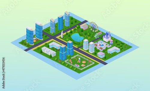 Modern city exterior map isometry. Infrastructure street district skyscraper downtown, childish park