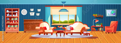 Empty cosiness living room retro interior with evening winter landscape through window