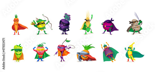 Childish vegetable fruit and berry superhero characters set. Humanized funny person in masks