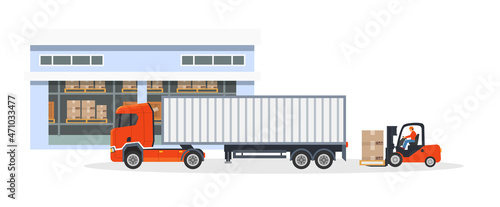 Loading and unloading parcel warehouse. Delivery logistics truck and forklift putting freight boxes