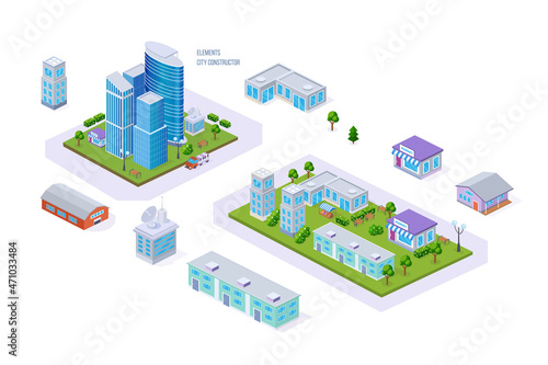 Elements city construction infrastructure isometric set. Town map district cityscape exterior