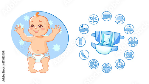 Baby diaper infographic characteristics poster. Childish protective disposable hygienic underwear