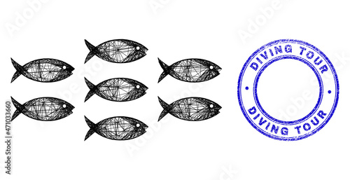 Network irregular mesh fish school icon with Diving Tour grunge round stamp seal. Abstract lines form fish school picture. Blue stamp seal has Diving Tour text inside circle form.