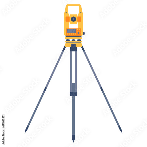 Tacheometer, theodolite on tripod, geological survey, engineering equipment for measurement and research. Flat style vector Illustration