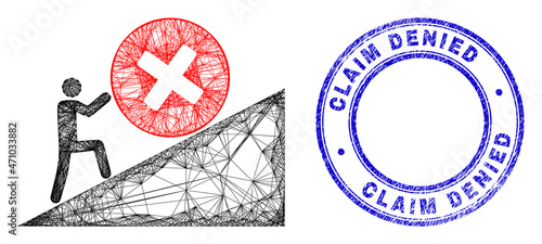 Net irregular mesh man rolling rejection up icon with Claim Denied rubber round seal print. Abstract lines form man rolling rejection up picture. Blue seal includes Claim Denied tag inside round form.