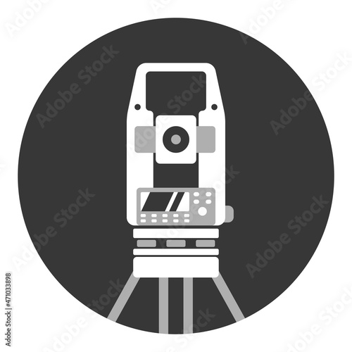 Theodolite on tripod. Geological survey, engineering vector flat style icon. Geodetic equipment. Geology research illustration, sign.