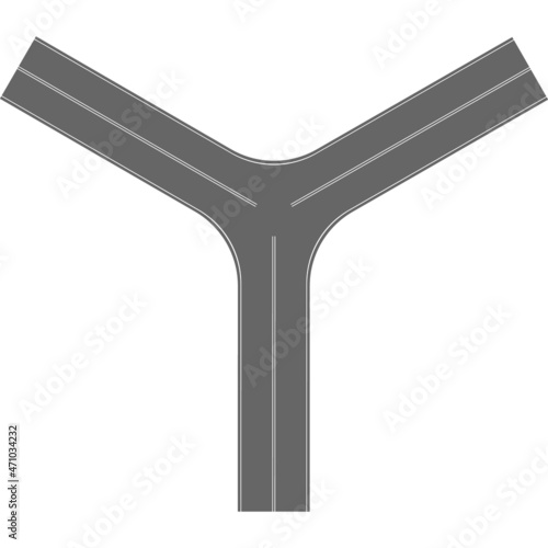 Three way Y road junction aerial view. Highway part with marking. Roadway element for city map isolated on white background. Vector flat illustration.
