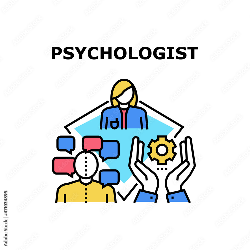 Psychologist Vector Icon Concept. Psychologist Medical Worker Advicing And Consultation Patient At Psychotherapy Interview. Doctor Psychology Disease Treatment Process Color Illustration