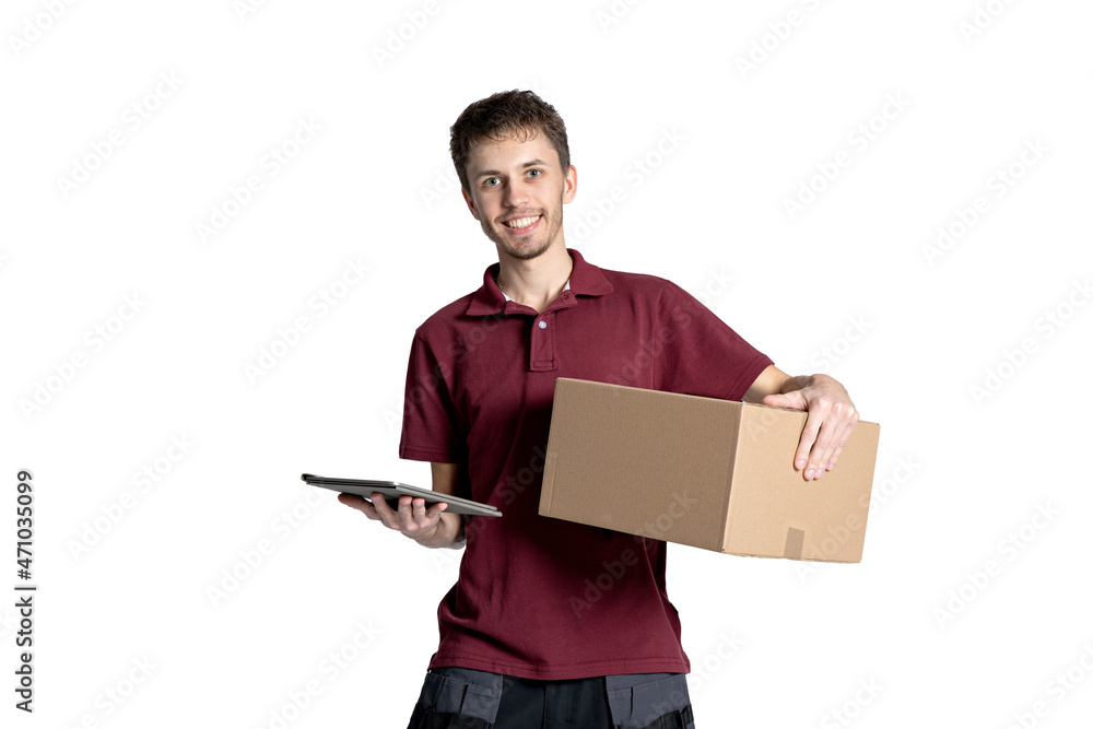 Smiling delivery man holding pile of cardboard boxes on a white background . Smiling delivery man holding pile of cardboard boxes on a white background .
