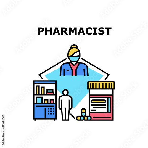 Pharmacist Work Vector Icon Concept. Pharmacist Worker Help Customer Search Medicament In Pharmacy Store. Drugstore Expert Selling Drug And Healthcare Syrup, Medical Job Color Illustration
