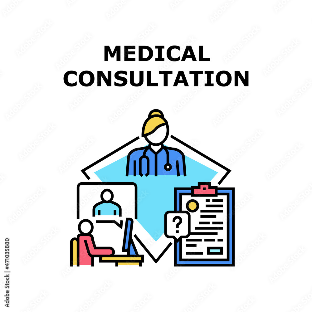 Medical Consultation Vector Icon Concept. Remote Online And Medical Consultation In Hospital Cabinet. Patient Video Call To Doctor For Examining Health And Prescription For Buy Pill Color Illustration