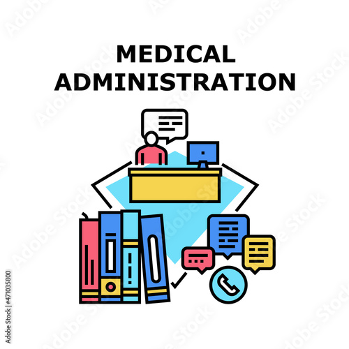 Medical Administration Vector Icon Concept. Medical Administration Answering On Call, Consulting Patient And Working With Document. Clinic Receptionist Professional Occupation Color Illustration