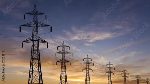 High voltage power line towers at sunset. Timelapse.