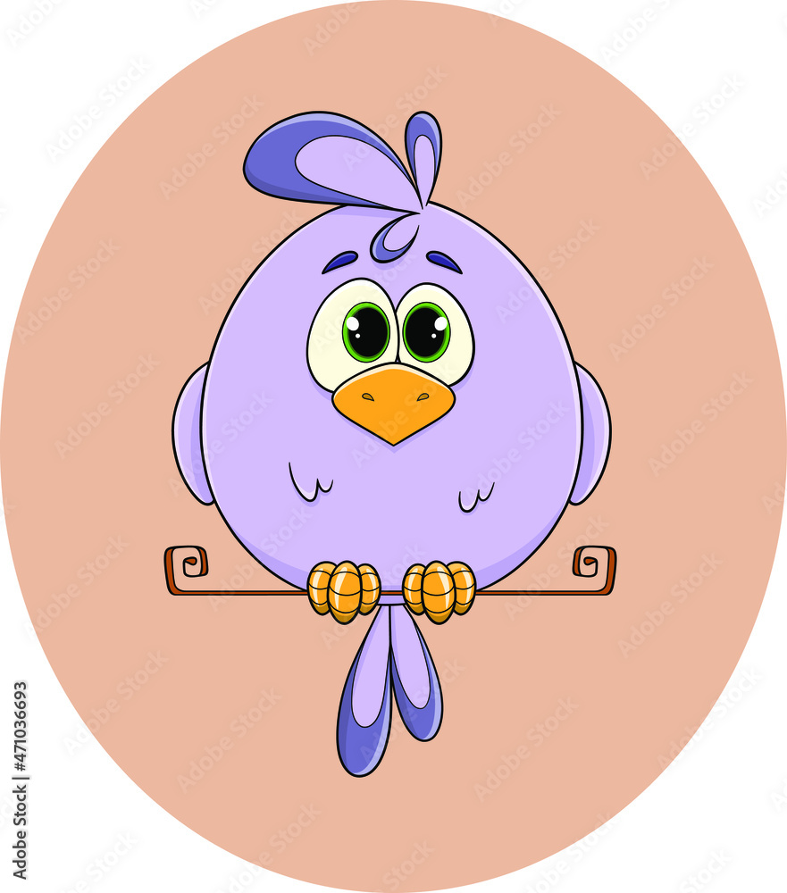 A cute painted purple parrot with bright feathers and a tuft sits on a perch. A tropical bird. A feathered chick. Macaw parrot. A pet. A wild bird. Funny children's character. Vector A cute painted purple parrot with bright feathers and a tuft sits on a perch. A tropical bird. A feathered chick. Macaw parrot. A pet. A wild bird. Funny children's character. Vector