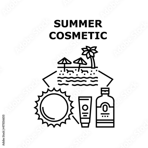 Summer Cosmetic Vector Icon Concept. Sunscreen Cream And Lotion Bottle And Tube Packages, Summer Cosmetic For Skin Care And Protect, Resting Vacation On Sandy Beach Black Illustration